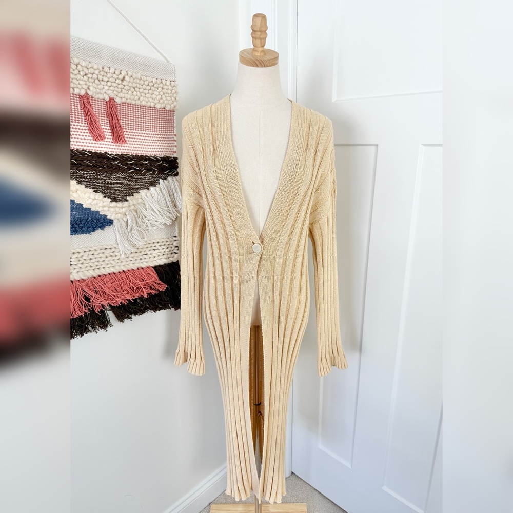 Theory Cream Long Ribbed Knit Cardigan